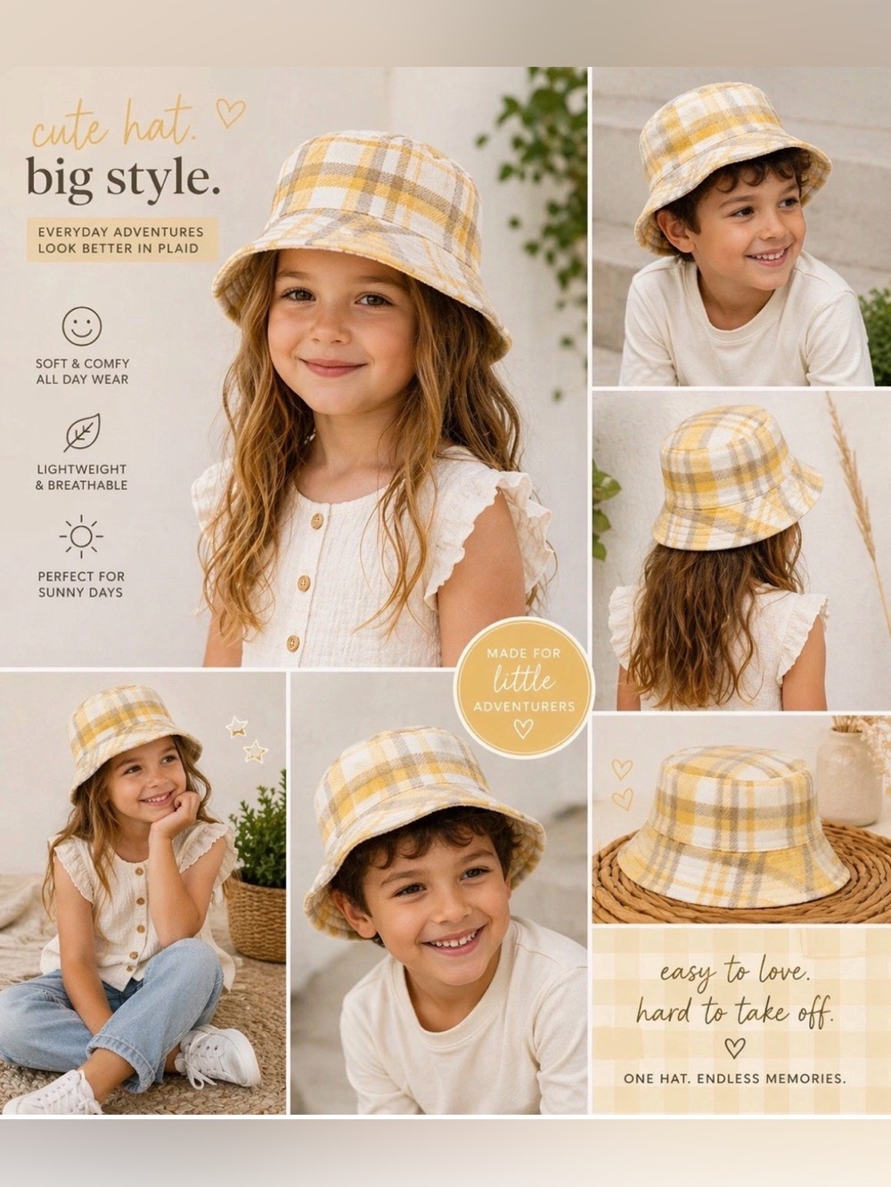 Art Class Girls Yellow Plaid Bucket Hat Soft Summer Beach Sun Hat OSFM NWT